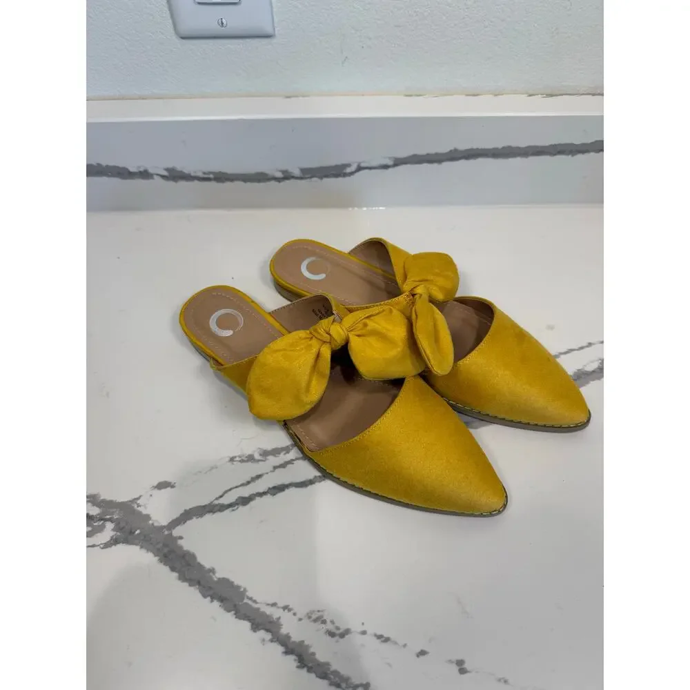 Women's Telulah Bow Slip On Flat Mules Yellow Faux Suede‎ Size 10